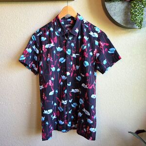 Retro Rifle Shirt Mens Medium Black Pink Button Up Poppy Print